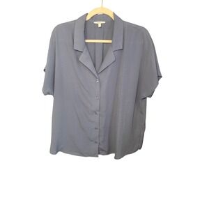 Maurices Oversized Button Down Top L Blue Short Sleeve Notched Lapel Minimalist